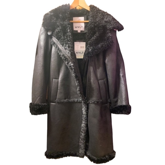 nwt $340 Anthropologie NVLT Black Trench Coat Vegan Faux Fur Jacket Size Small - Picture 8 of 17
